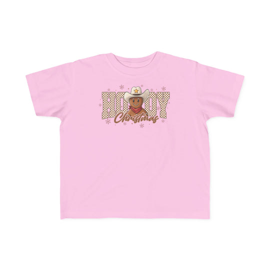 Howdy Christmas Toddler Tee featuring a festive graphic with HOWDY, a gingerbread-man cowboy, and snowflakes, perfect for toddlers' sensitive skin.