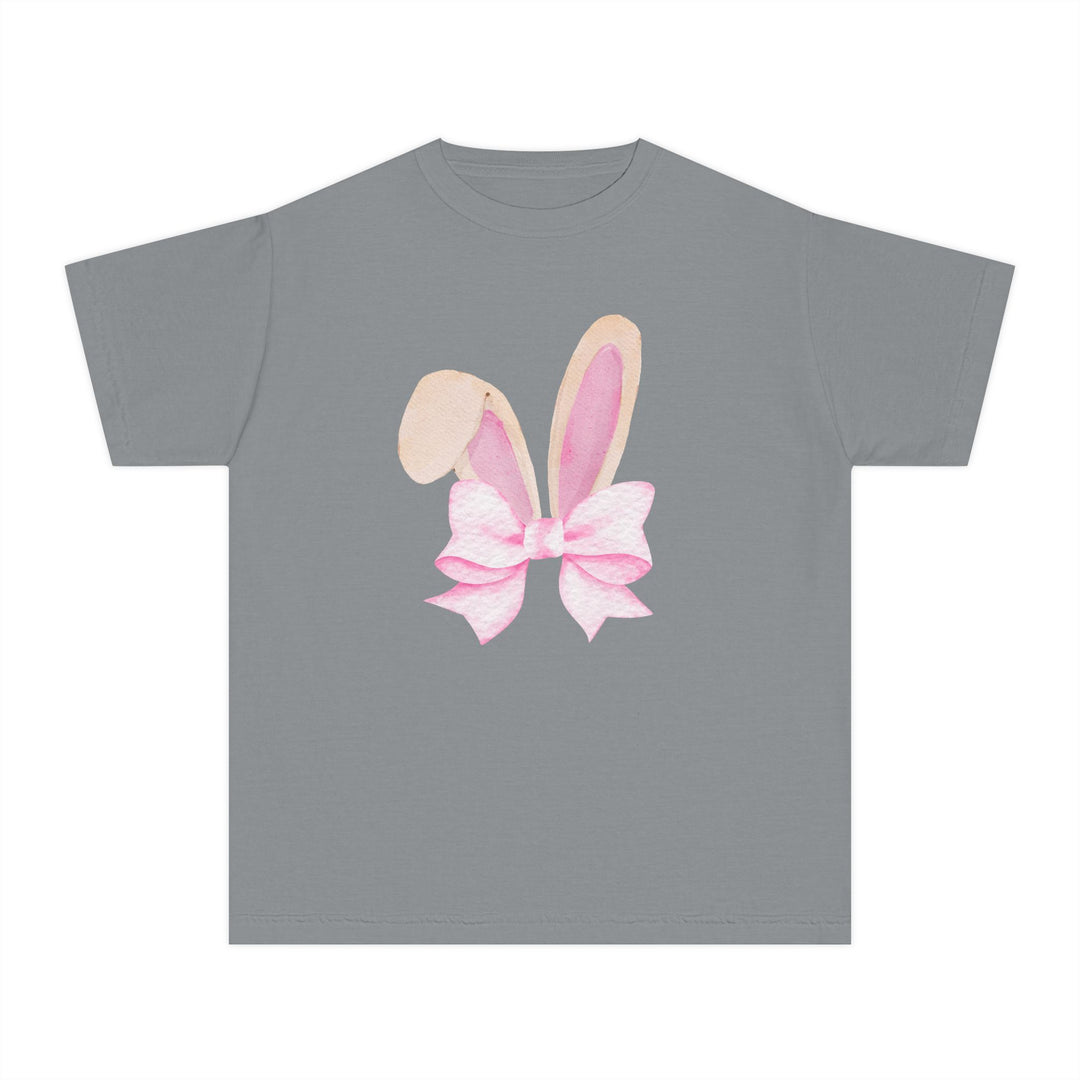 Bunny Bow Kids Tee featuring pastel bunny ears and a pink watercolor bow on a soft grey T-shirt, crafted from 100% combed ringspun cotton for comfort and agility.