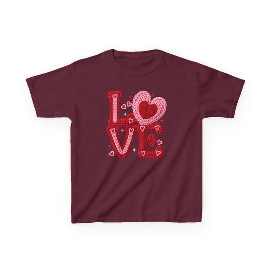 Love Heart Kids Tee in maroon, featuring LOVE with a heart-shaped O and scattered heart accents, perfect for everyday wear and comfort.