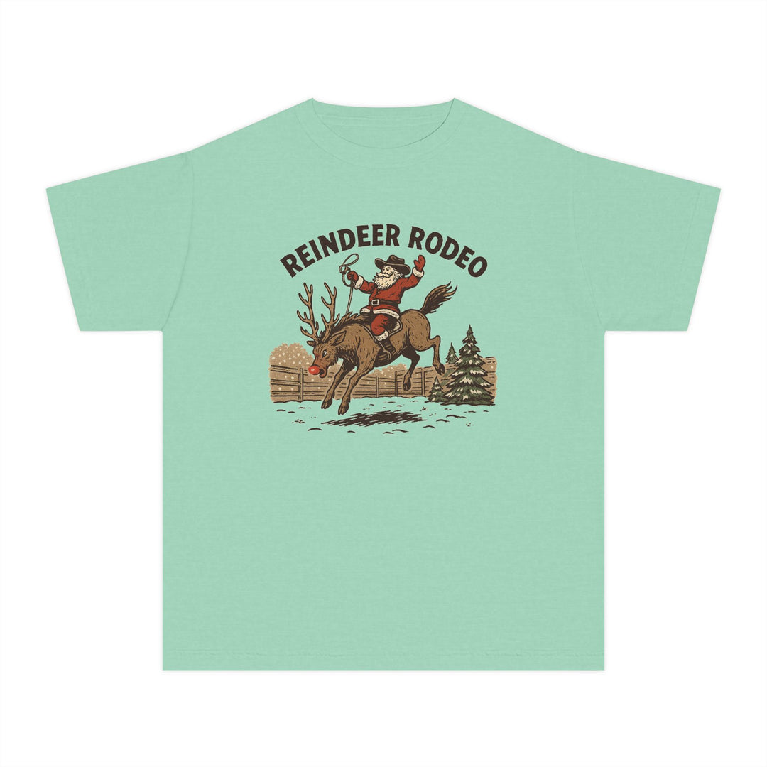 Reindeer Rodeo Kids Tee featuring Santa in a cowboy hat on a red-nosed reindeer, perfect for active kids with its soft, classic fit design.