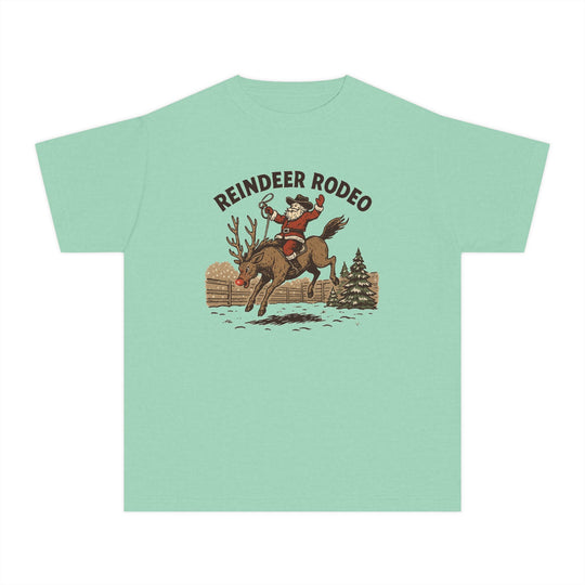 Reindeer Rodeo Kids Tee featuring Santa in a cowboy hat on a red-nosed reindeer, perfect for active kids with its soft, classic fit design.