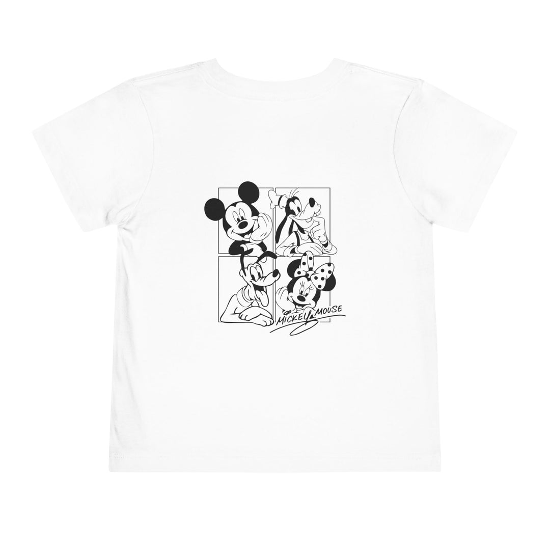 Mickey & CO Toddler Tee: A cozy, 100% Airlume cotton short sleeve shirt designed for toddlers, featuring a tear-away label for comfort and available in multiple sizes.