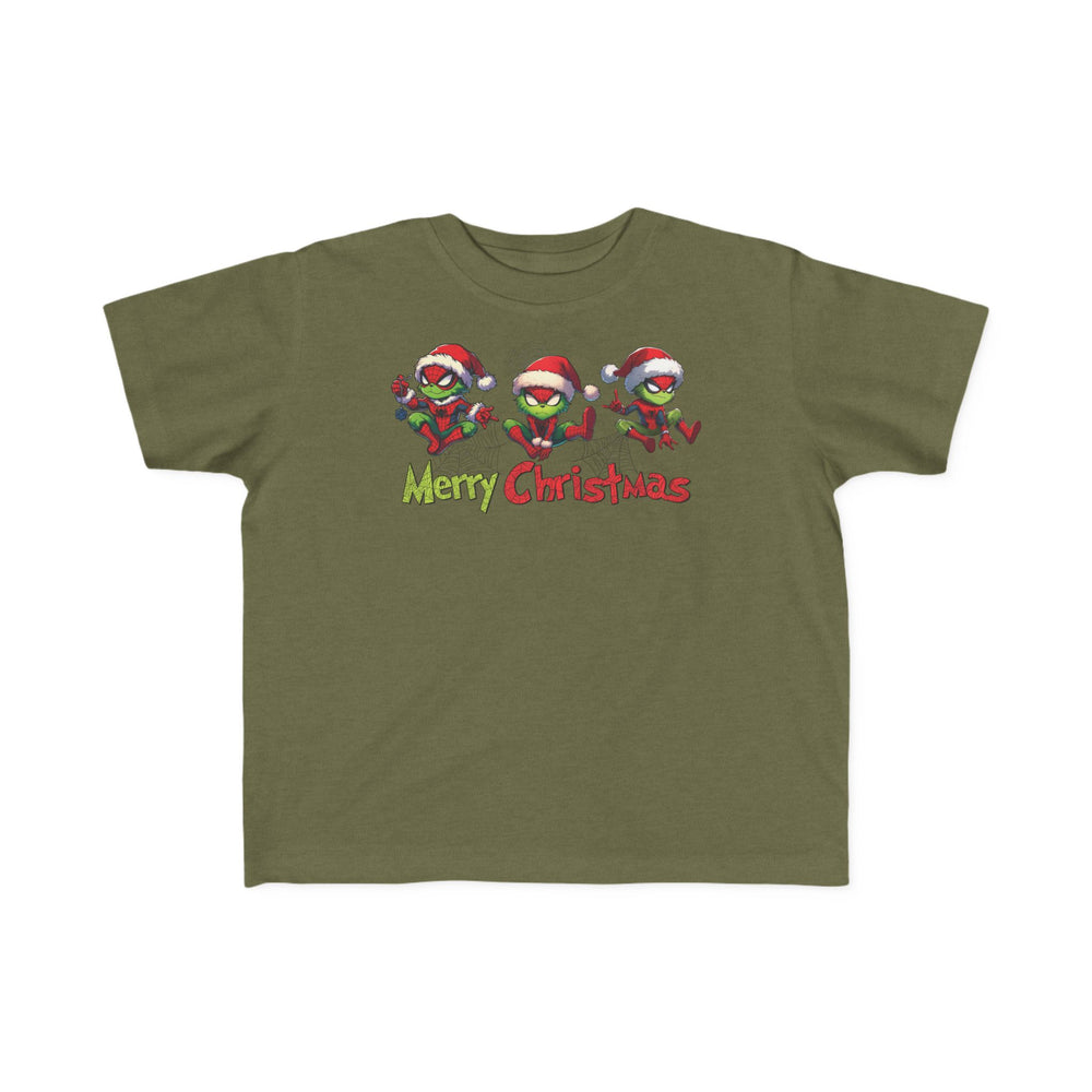Spider Toddler Tee featuring playful goblin-like creatures in Santa hats with Merry Christmas text, perfect for toddlers' sensitive skin and first adventures.