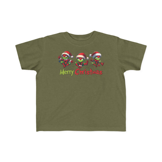 Spider Toddler Tee featuring playful goblin-like creatures in Santa hats with Merry Christmas text, perfect for toddlers' sensitive skin and first adventures.