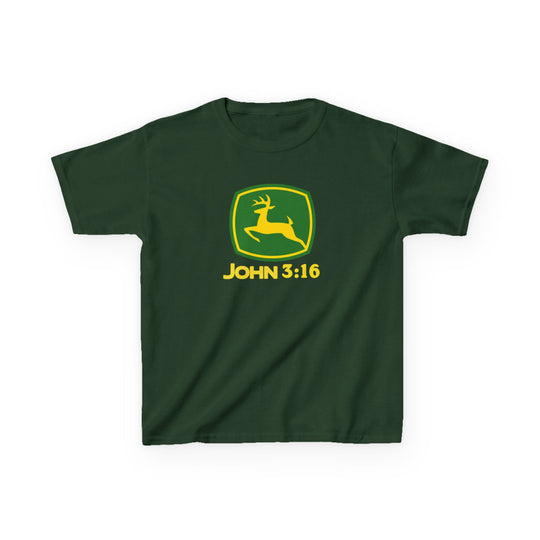 John 3:16 Kids Tee featuring a dark green color with a yellow-and-green shield logo of a leaping deer, inspired by the John Deere emblem.