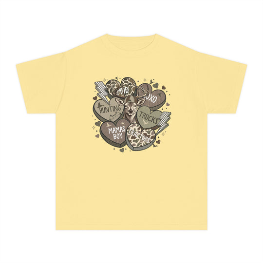 Boy Valentine Kids Tee featuring a stag's head with camo-patterned hearts labeled “HUNTING,” “TRUCKS,” and more, accented with lightning bolts and mini-hearts. Soft, classic fit.