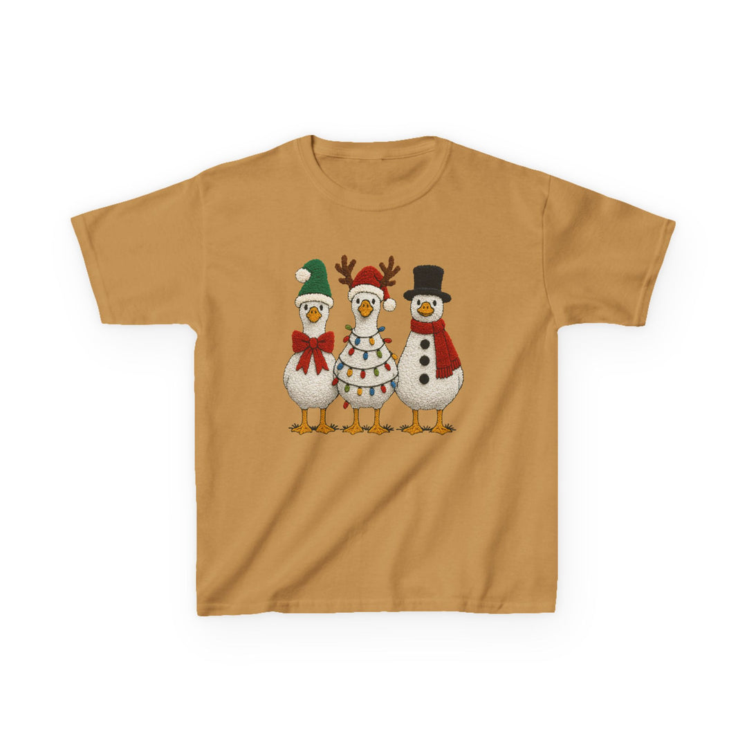 Christmas Geese Kids Tee featuring cartoon ducks in festive attire: Santa hat, reindeer antlers with lights, and snowman with top hat. Ideal for everyday use.