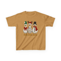 Christmas Geese Kids Tee featuring cartoon ducks in festive attire: Santa hat, reindeer antlers with lights, and snowman with top hat. Ideal for everyday use.