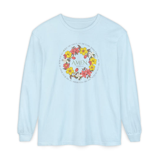 Amen Long Sleeve Tee with a floral wreath and 2 Cor 13:14 blessing, offering a soft, relaxed fit made from 100% ring-spun cotton.