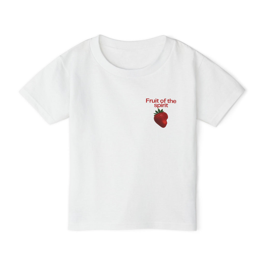 Fruit of the Spirit Toddler Tee features a red strawberry graphic and text on the chest, offering soft, eco-friendly cotton comfort.