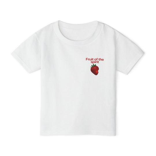 Fruit of the Spirit Toddler Tee features a red strawberry graphic and text on the chest, offering soft, eco-friendly cotton comfort.