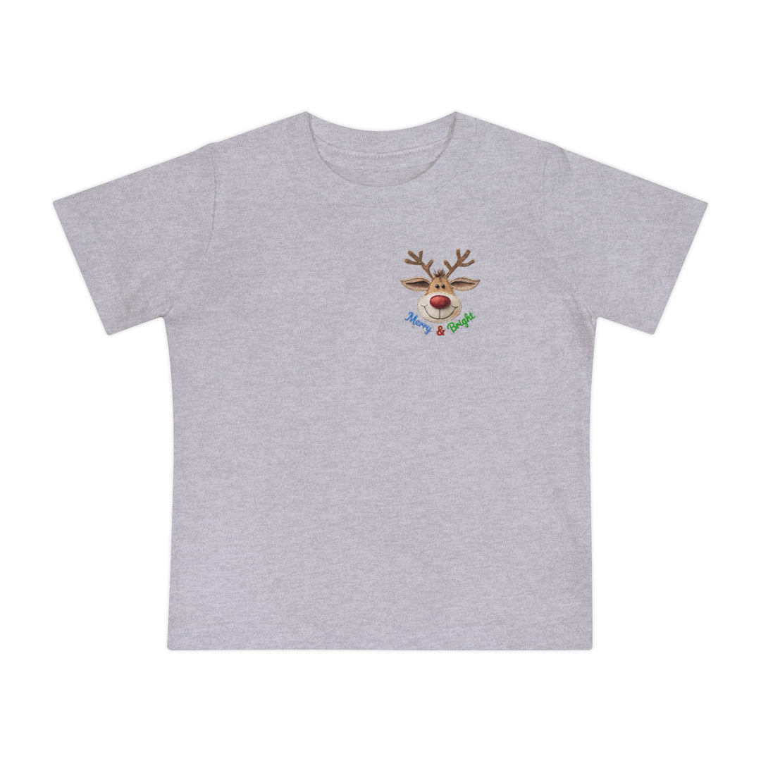 Merry and Bright Tee featuring a cartoon reindeer with Merry & Bright text, showcasing a heather-gray, short-sleeve design for babies, ensuring comfort and durability.