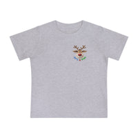 Merry and Bright Tee featuring a cartoon reindeer with Merry & Bright text, showcasing a heather-gray, short-sleeve design for babies, ensuring comfort and durability.