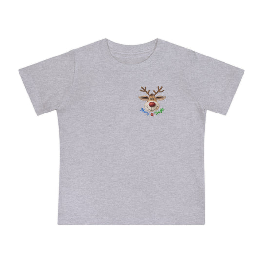 Merry and Bright Tee featuring a cartoon reindeer with Merry & Bright text, showcasing a heather-gray, short-sleeve design for babies, ensuring comfort and durability.