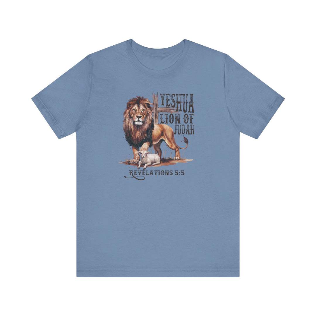 Yeshua Lion of Judah Tee with lion and lamb graphic on a blue t-shirt, featuring a classic unisex fit with soft cotton and quality print.