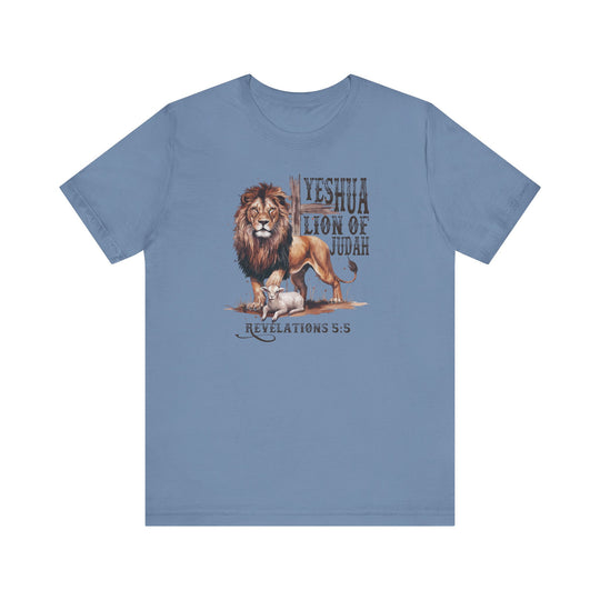 Yeshua Lion of Judah Tee with lion and lamb graphic on a blue t-shirt, featuring a classic unisex fit with soft cotton and quality print.
