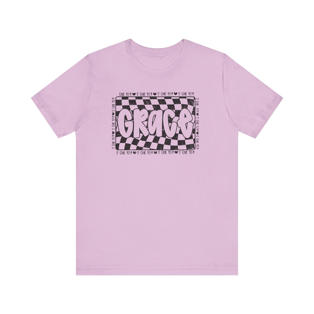 Grace Tee: Purple t-shirt with black and white text, featuring a classic unisex fit with ribbed collars and dual side seams for lasting shape.