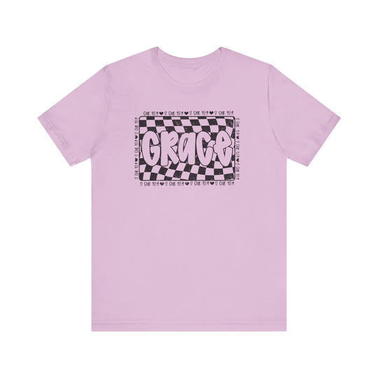 Grace Tee: Purple t-shirt with black and white text, featuring a classic unisex fit with ribbed collars and dual side seams for lasting shape.