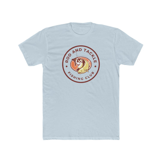 Rod and Tackle Fishing Club Tee: Men's white t-shirt with fishing club logo. Comfy, light, premium fit, 100% cotton. Ideal for workouts or daily wear.