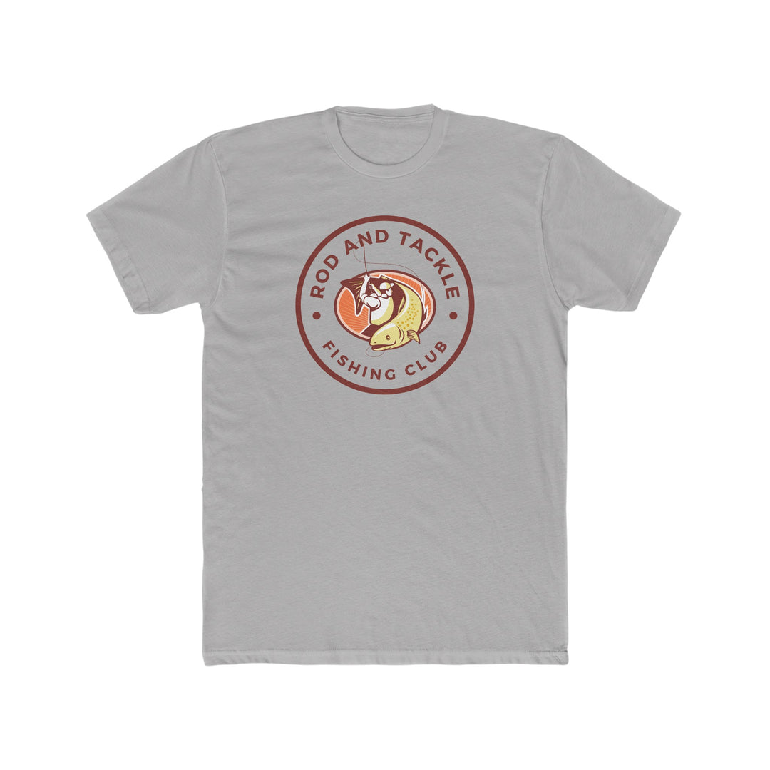 Rod and Tackle Fishing Club Tee: A white t-shirt featuring a logo of a fishing club. Premium fit, 100% cotton, light fabric, ideal for workouts or daily wear.