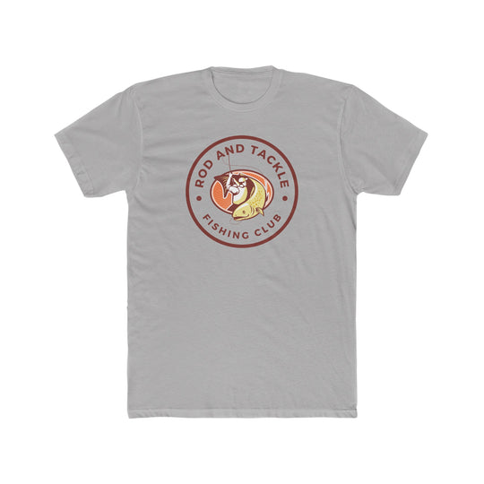 Rod and Tackle Fishing Club Tee: A white t-shirt featuring a logo of a fishing club. Premium fit, 100% cotton, light fabric, ideal for workouts or daily wear.