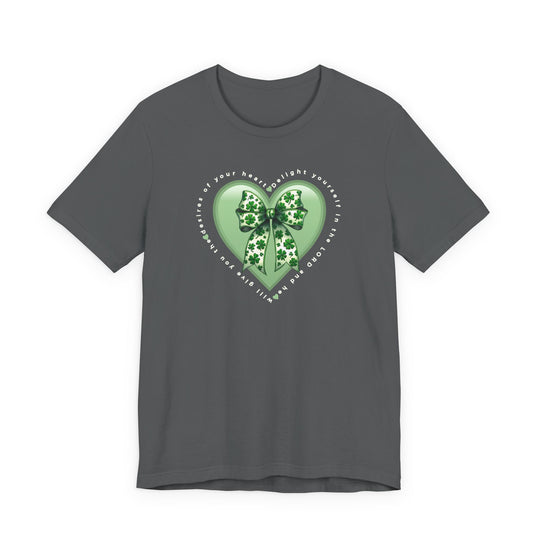 Heather-charcoal T-shirt featuring a glossy light-green heart with a bow and clovers, encircled by Psalm 37:4 text.