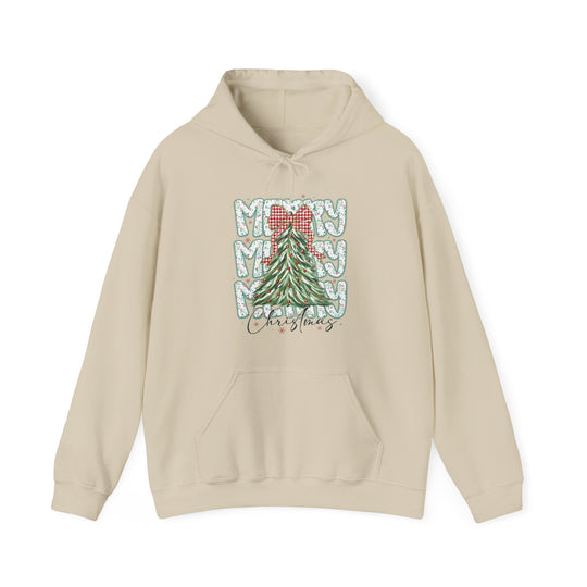 Cream-beige Merry Christmas Hoodie with kangaroo pocket, stylized Christmas tree, and MERRY Christmas print, offering warmth and style for cold days.