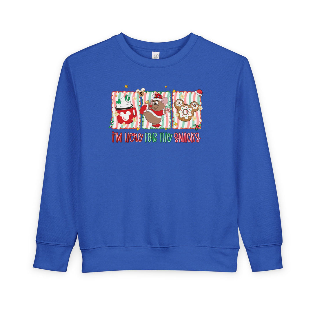 Here for the Snacks Toddler Crew sweatshirt with festive Mickey-themed graphic panels and playful lettering, designed for warmth and durability in soft cotton-polyester fleece blend.