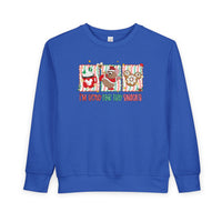 Here for the Snacks Toddler Crew sweatshirt with festive Mickey-themed graphic panels and playful lettering, designed for warmth and durability in soft cotton-polyester fleece blend.