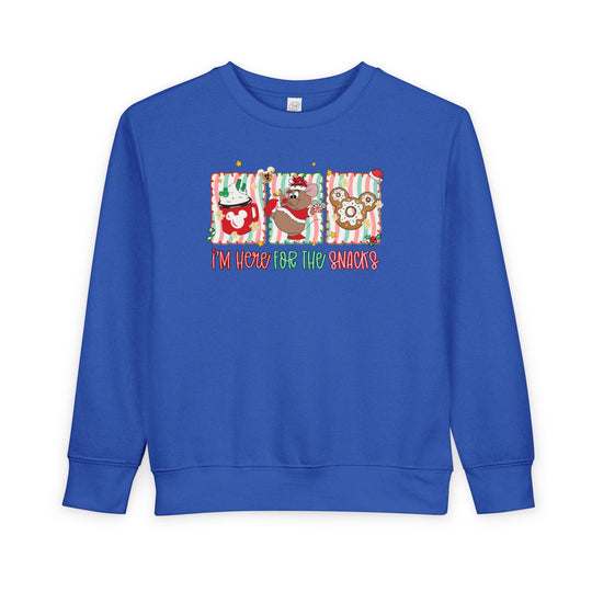 Here for the Snacks Toddler Crew sweatshirt with festive Mickey-themed graphic panels and playful lettering, designed for warmth and durability in soft cotton-polyester fleece blend.