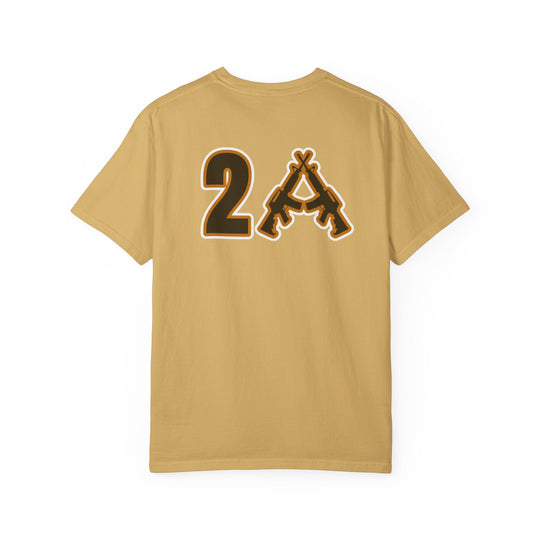 Back view of the 2A Tee in mustard-yellow, featuring a stylized 2 and crossed rifles forming an A graphic near the shoulders.