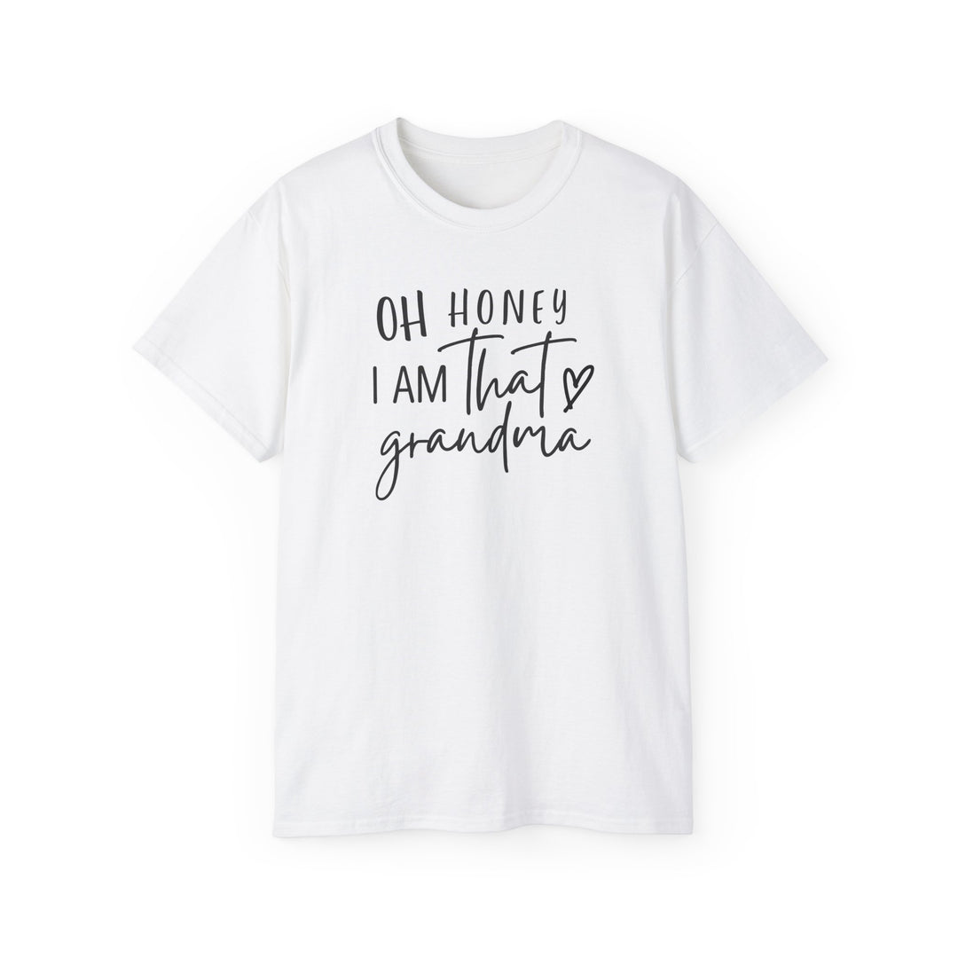 Unisex white tee with black text, no side seams, ribbed collar, sustainably sourced. Classic fit, tear-away label, versatile for casual and semi-formal wear. Made with 100% US cotton.