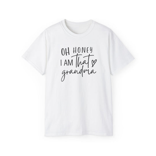 Unisex white tee with black text, no side seams, ribbed collar, sustainably sourced. Classic fit, tear-away label, versatile for casual and semi-formal wear. Made with 100% US cotton.