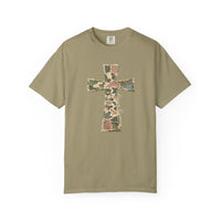 He is Risen Distressed Tee features a frayed camouflage cross with script text on an olive-green crew neck, offering a soft, relaxed fit.