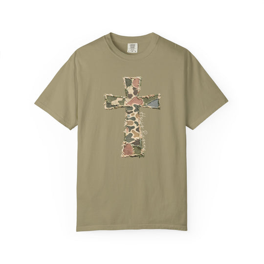 He is Risen Distressed Tee features a frayed camouflage cross with script text on an olive-green crew neck, offering a soft, relaxed fit.
