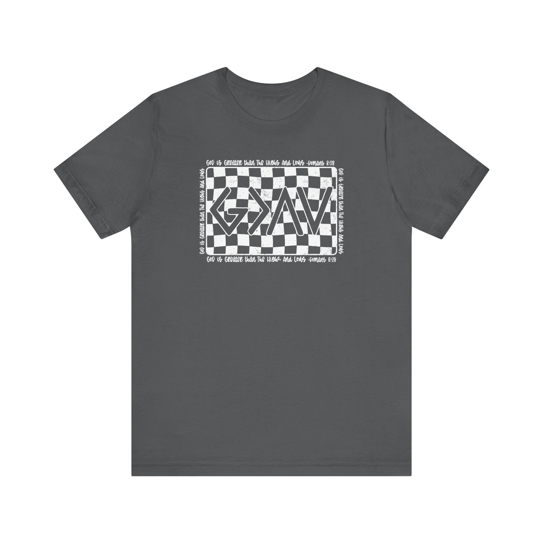 God Highs and Lows Tee featuring a unique black and white checkered graphic design on a grey short sleeve shirt, made from soft, quality cotton.