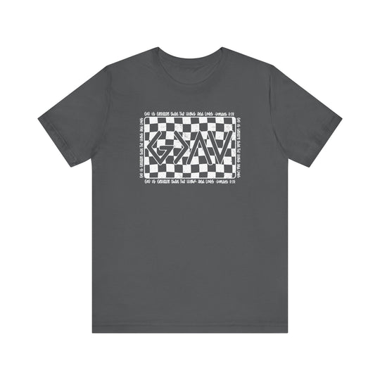 God Highs and Lows Tee featuring a unique black and white checkered graphic design on a grey short sleeve shirt, made from soft, quality cotton.