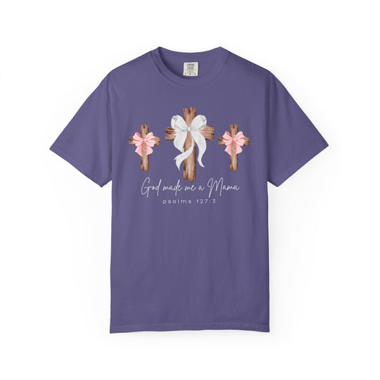 Purple God Made Me a Mama tee features three rustic wooden crosses with bows and a biblical verse, perfect for faith-inspired motherhood wear.
