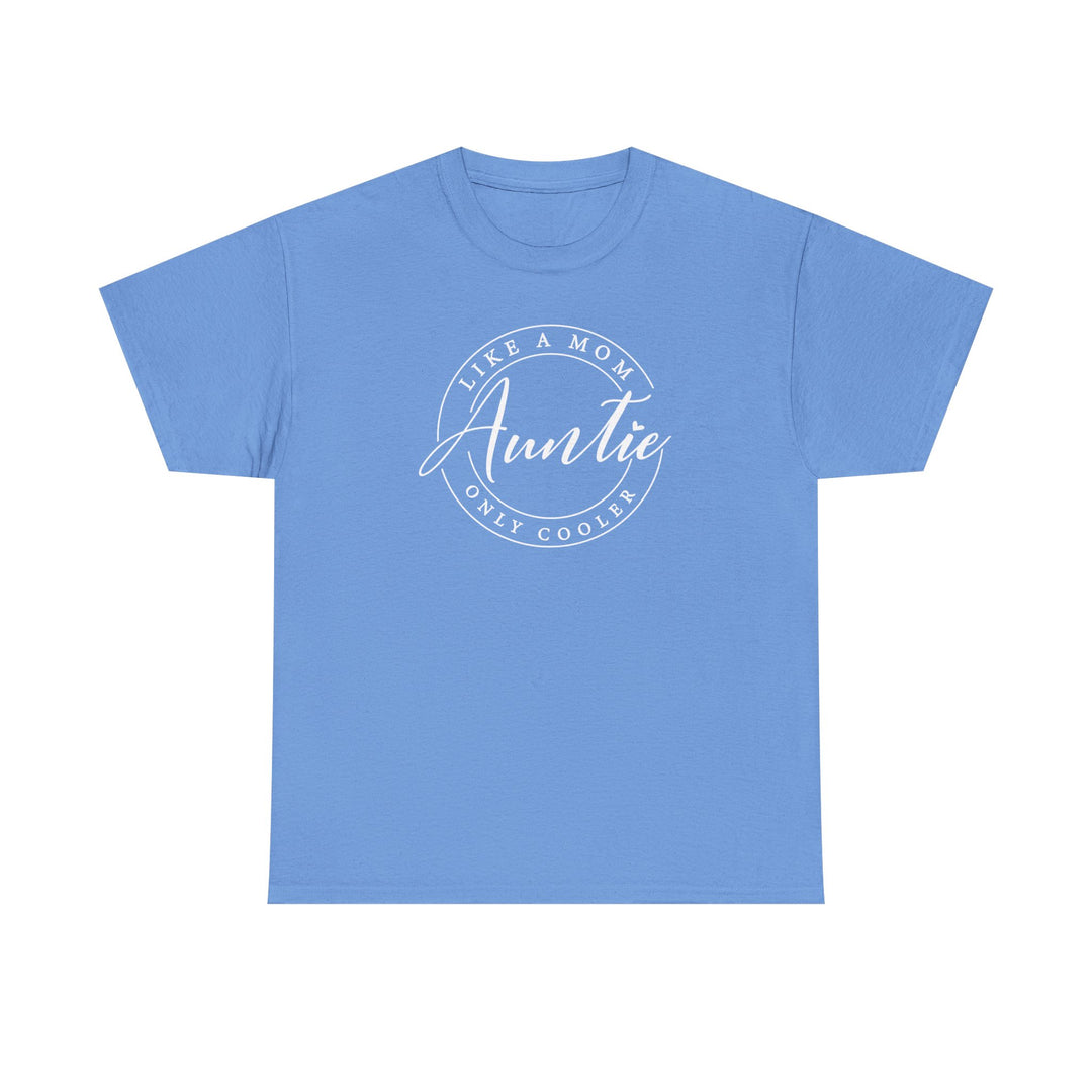 Unisex Auntie Tee: Blue t-shirt featuring white text, made from 100% cotton with a classic fit, ideal for casual and stylish wardrobes.