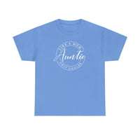 Unisex Auntie Tee: Blue t-shirt featuring white text, made from 100% cotton with a classic fit, ideal for casual and stylish wardrobes.