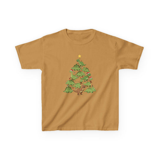 Dino Tree Kids Tee: Mustard short-sleeve with a whimsical dinosaur Christmas tree graphic, featuring Santa hats and lights, ideal for kids' everyday wear.