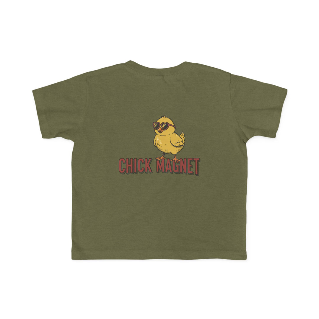 Chick Magnet Toddler Tee featuring a cartoon yellow chick in heart-shaped sunglasses with the slogan “CHICK MAGNET” on the back. Ideal for toddlers’ comfort and style.