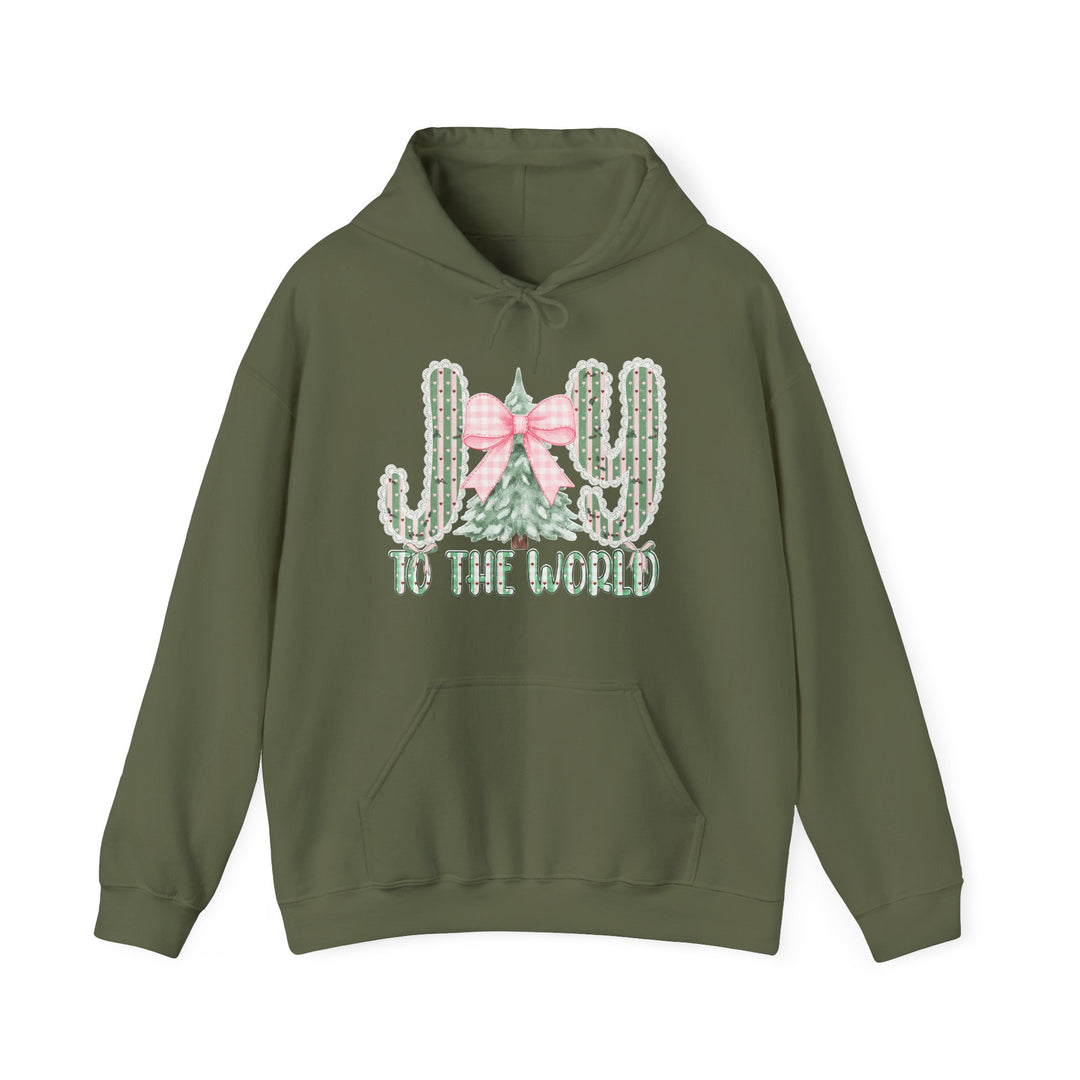 Joy to the World Hoodie featuring candy-striped cacti and a Christmas tree graphic, perfect for cozy, stylish wear with a practical kangaroo pocket.