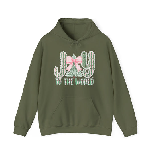 Joy to the World Hoodie featuring candy-striped cacti and a Christmas tree graphic, perfect for cozy, stylish wear with a practical kangaroo pocket.