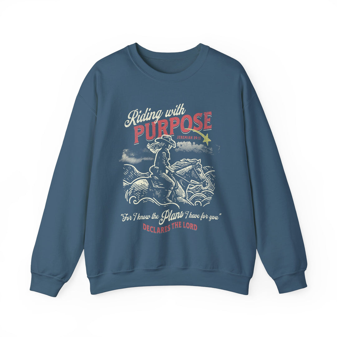 Riding for a Purpose Crew: A blue sweatshirt featuring a unique graphic of a man on horseback, blending comfort with style.