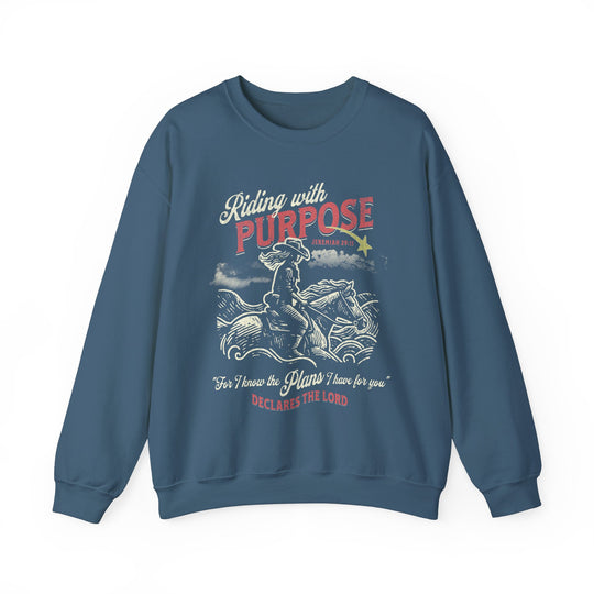 Riding for a Purpose Crew: A blue sweatshirt featuring a unique graphic of a man on horseback, blending comfort with style.