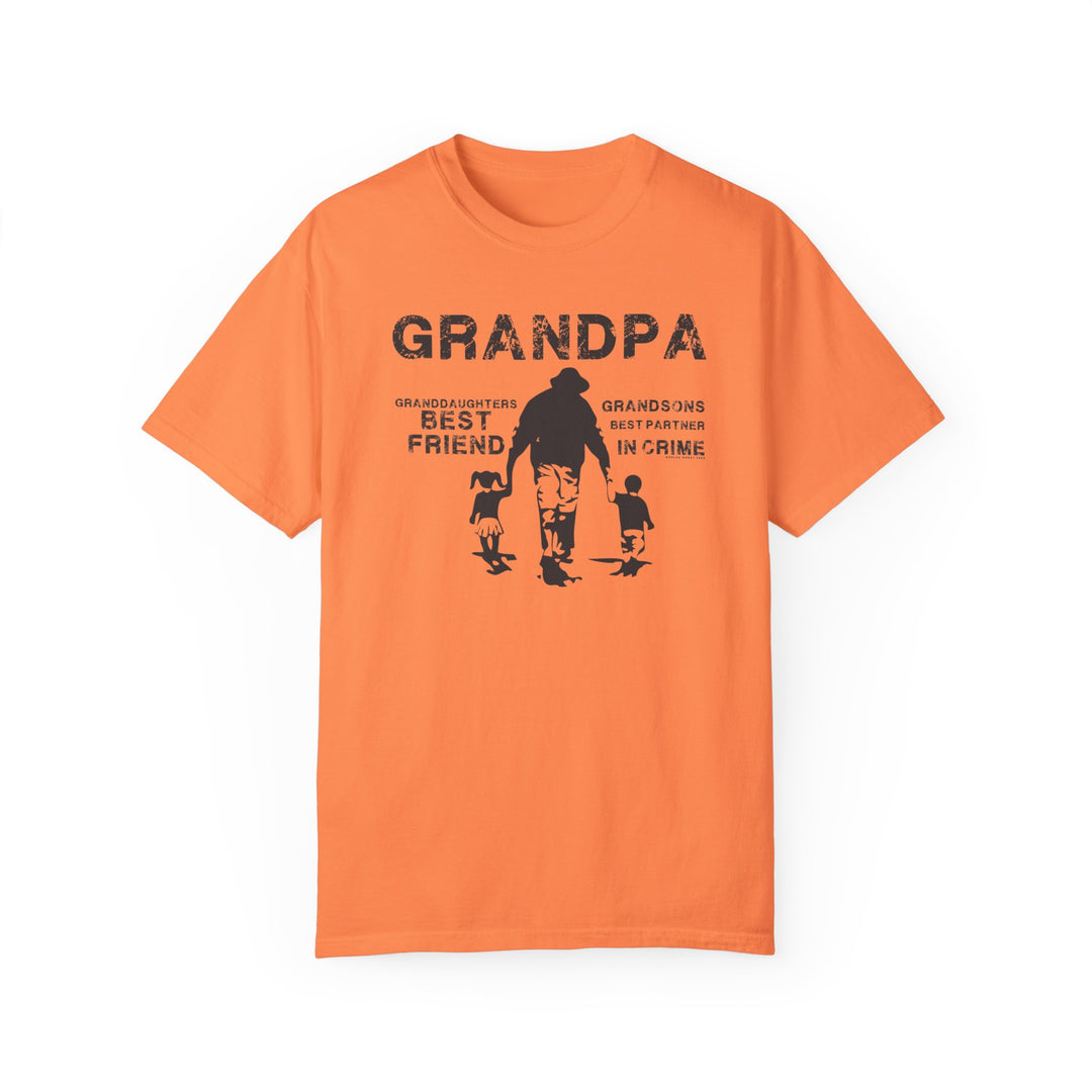 Alt text: Grandpa and Grandkids Tee: A soft, garment-dyed orange shirt with black text, made of 100% ring-spun cotton. Relaxed fit, double-needle stitching, and no side-seams for durability and comfort.