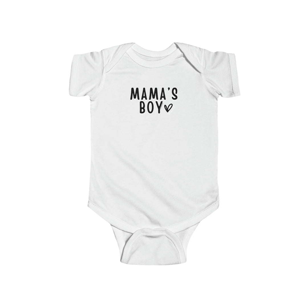 A durable and soft infant fine jersey bodysuit, featuring ribbed knitting for durability and plastic snaps for easy changing access. Mama's Boy Onesie at Worlds Worst Tees.