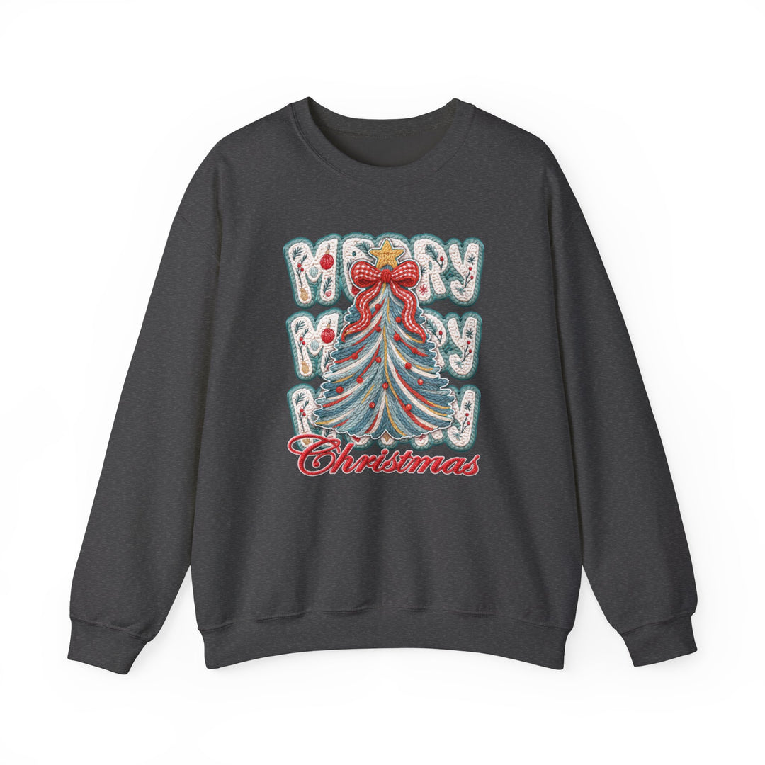 Dark charcoal-gray crewneck sweatshirt featuring a festive applique Christmas tree with Merry Merry Christmas in stylized text, mimicking embroidered holiday décor.