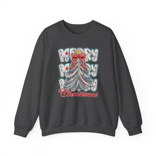 Dark charcoal-gray crewneck sweatshirt featuring a festive applique Christmas tree with Merry Merry Christmas in stylized text, mimicking embroidered holiday décor.